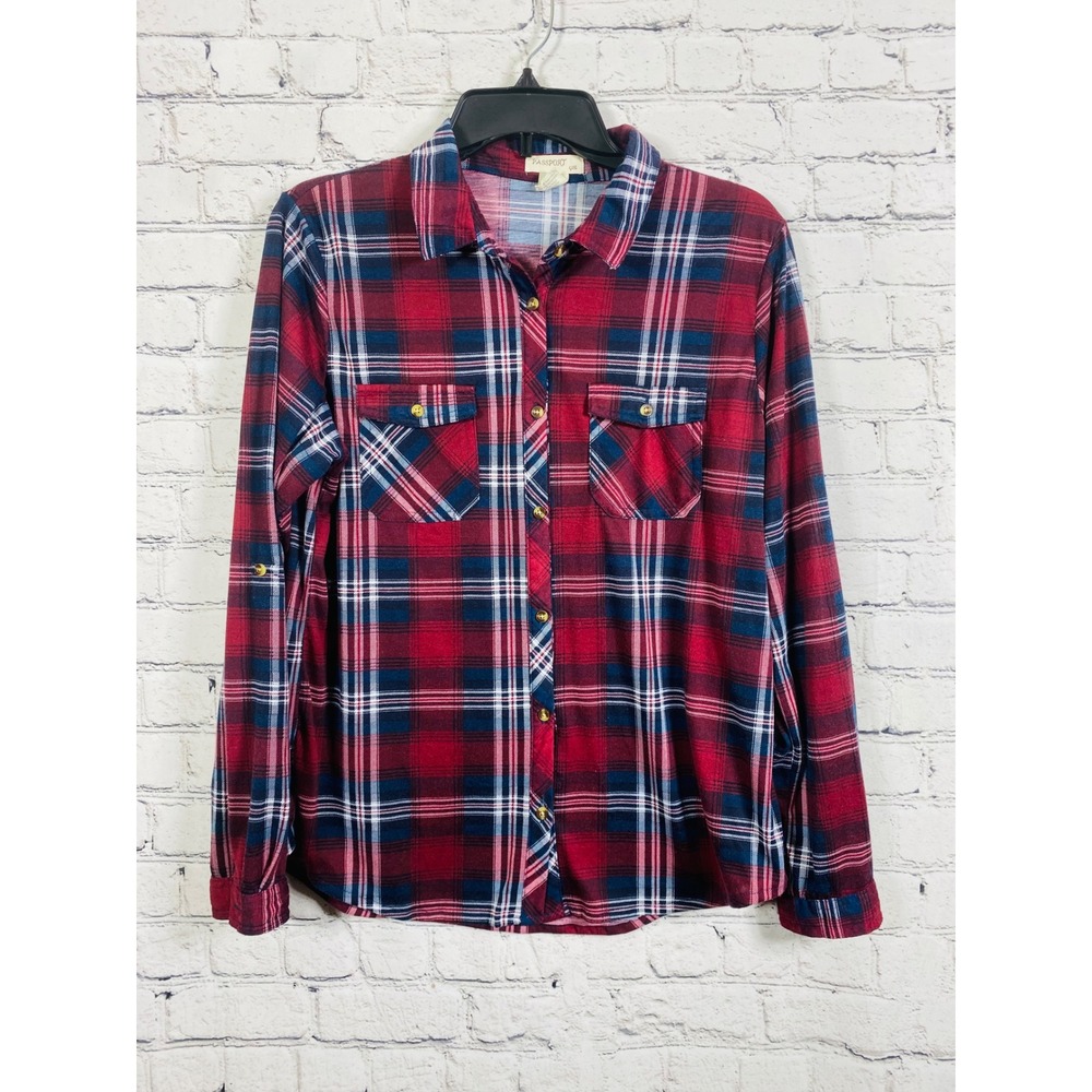 Passport Button Down Girls Plaid Shirt Red Navy Blue 16 Roll Tab Sleeve